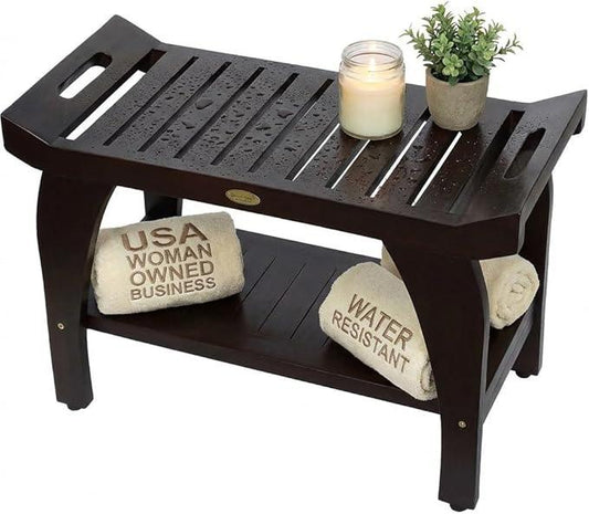 DecoTeak Tranquiity 30 Inch Brown Waterproof Teak Wood Shower Bench Stool Seat Chair for Inside Shower Provides Safety, Storage, and Organization for Bathroom Accessories - ModernBath