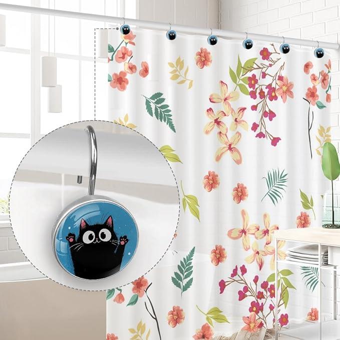 12 Packs Black Happy Cat Shower Curtain Hooks, Stainless Steel Glass Shower Curtain Rings for Bathroom, Rustproof Metal Curtain Rod Hooks - ModernBath