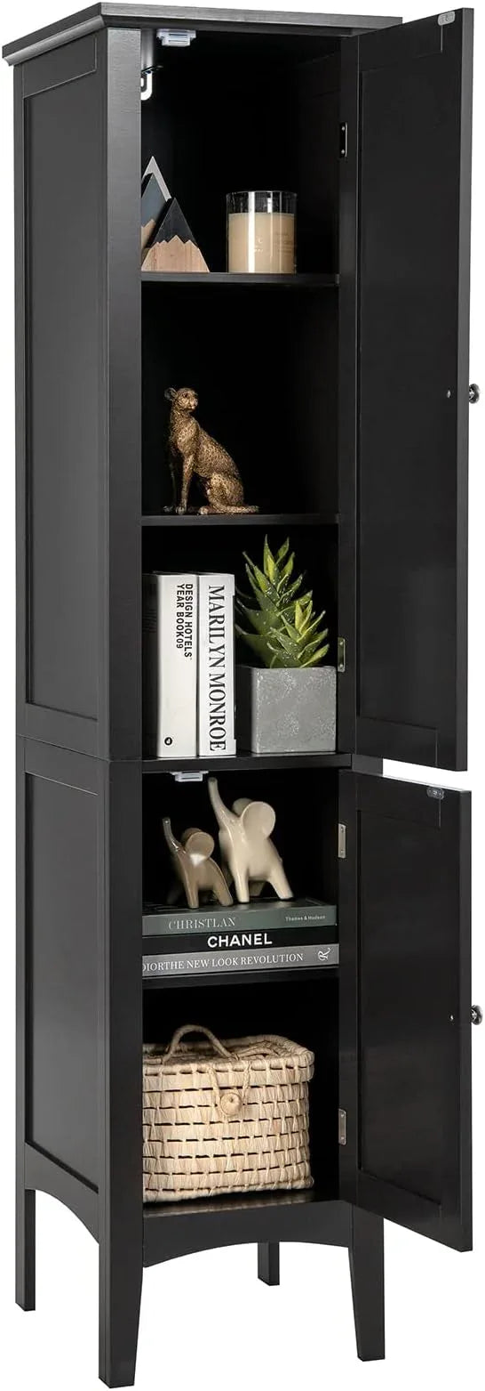Tangkula Tall Bathroom Storage Cabinet, 5-Tier Wooden Freestanding Tower Cabinet, Narrow Storage Floor Cabinet w/ 2 Doors & Shelves for Bathroom Living Room Kitchen (Black) - ModernBath