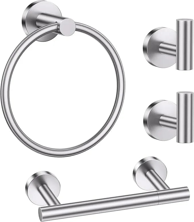 Brushed Nickel Bathroom Hardware Set, 4-Piece Towel Holder Set Include Double Bases Toilet Paper Holder,Towel Ring and 2 Towel Hooks Stainless Steel Wall Mounted Bathroom Hardware Accessories Set - ModernBath