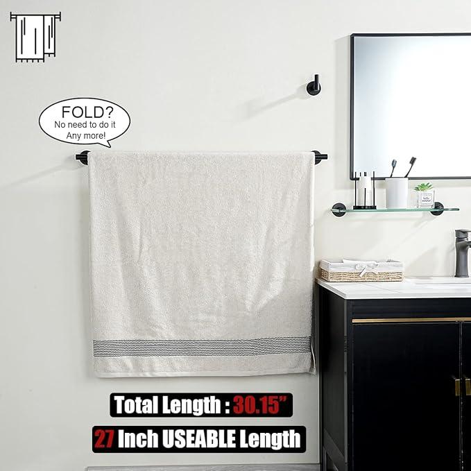 JQK Black Bath Towel Bar, 30 Inch 304 Stainless Steel Thicken 0.8mm Towel Rack Bathroom, Towel Holder Matte Black Wall Mount, Useable Length 27 Inch, TB110L27-PB - ModernBath