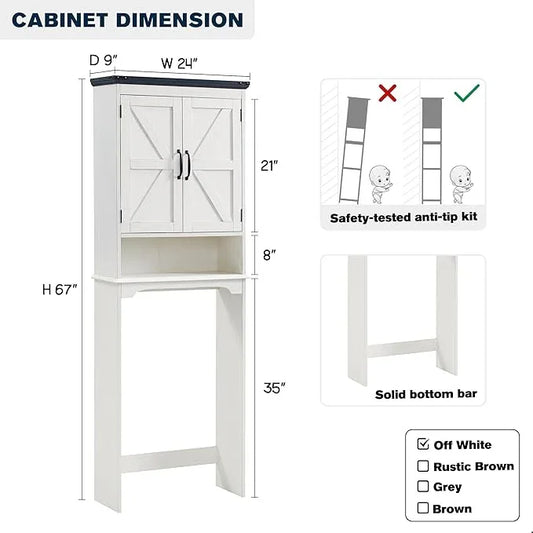 ACCOHOHO Over The Toilet Storage Cabinet, Farmhouse Bathroom Cabinet with Adjustable Shelf & Barn Door, 67" Tall Over The Toilet Shelf, Off White - ModernBath