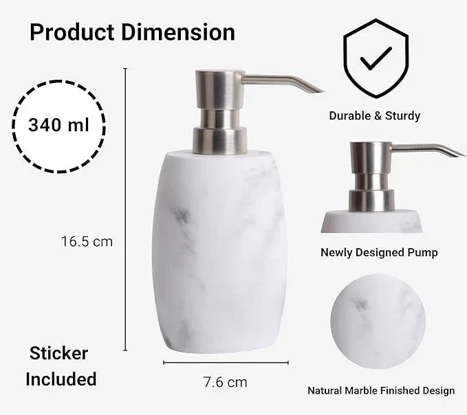 Clasin Home Resin Soap Dispenser Set 2, Refillable Hand Soap Dispenser with White Marble Look and Metallic Pump, Kitchen, Bathroom, Waterproof Labels (12 Oz) - ModernBath