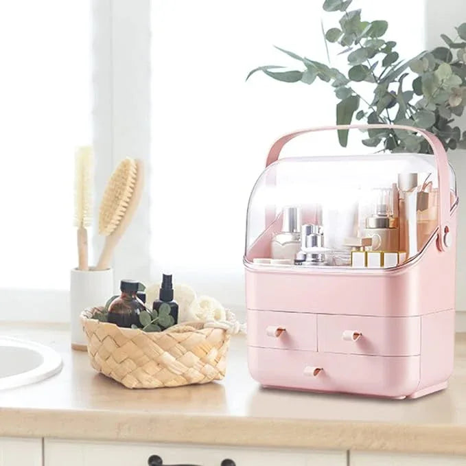 LINFIDITE Cosmetic Storage Box with Lid Waterproof&Dustproof Makeup Organizer Box Portable Handle,Large Makeup Display Case with Drawers Fully Open Lid,Great for Bathroom Countertop Bedroom Dresser - ModernBath
