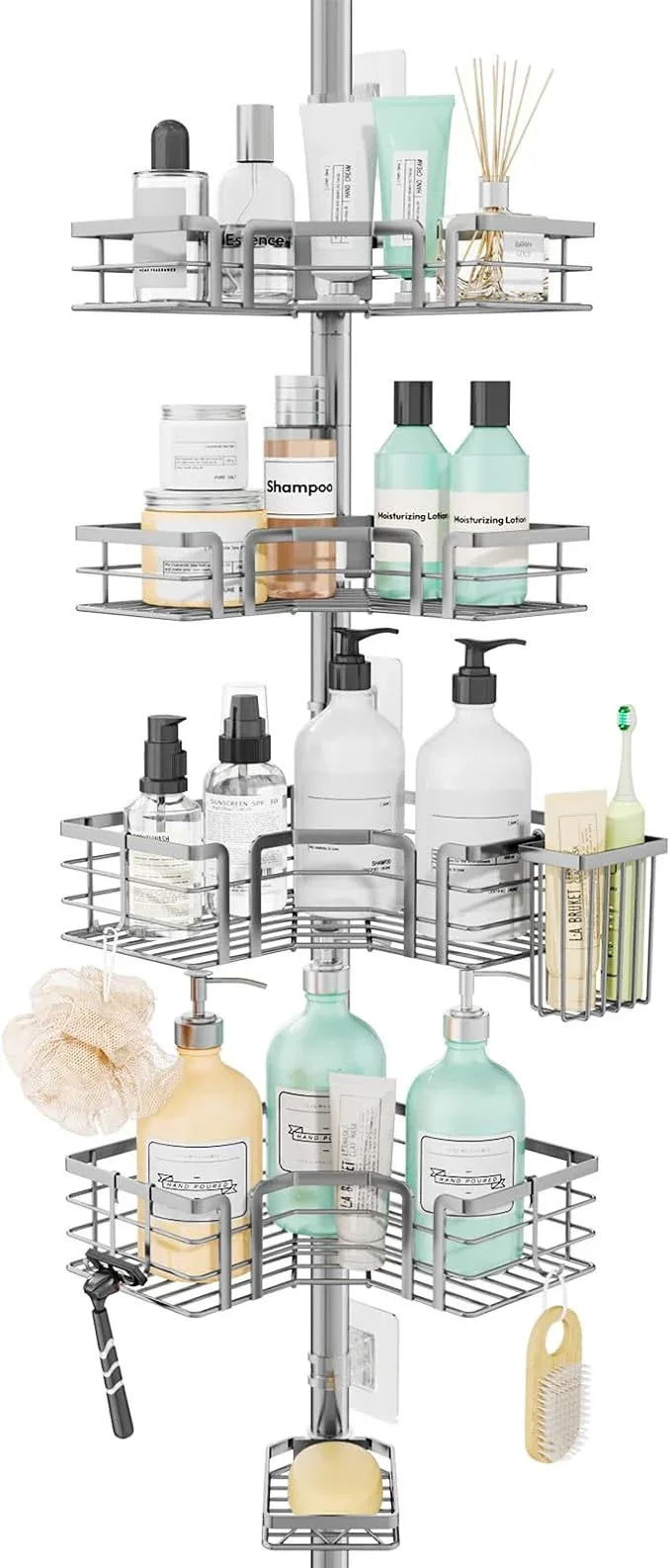 SWTYMIKI Shower Caddy Tension Pole - 4-Tier Corner Shower Organizer Tension Rod with Soap Holder, Toothbrush Holder & 4 Hooks, Adjustable Stainless Steel Bathroom Organizer 27.6 to 108.3 inch, Silver - ModernBath