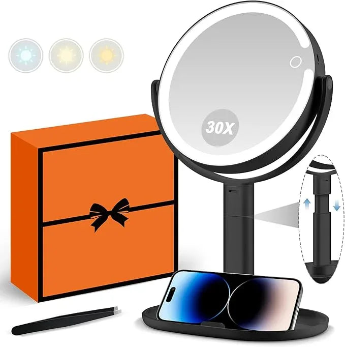MIYADIVA Makeup Mirror with Lights, 30X Magnifying Mirror with Light and Touch Switch, Vanity Mirror with 3 Color Light and 80 LEDs, Height Adjustable Desk Mirror with Lights, Black - ModernBath