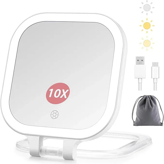 DESCHEN Rechargeable Travel Makeup Vanity Mirror with Lights and Magnification, Portable 1X/10X Magnifying Mirror with 3 Color Light, Lighted Makeup Mirror with Magnification, Folding LED Desk Mirror - ModernBath