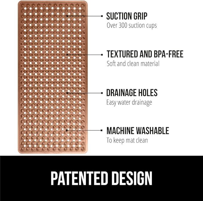 GORILLA GRIP Patented Bath Tub Shower Mat, Machine Washable Bathtub Floor Liner Mats, Suction Cups and Drain Holes to Keep Tubs Clean, Soft on Feet, Bathroom Essentials, 35x16 Inch, Brown - ModernBath
