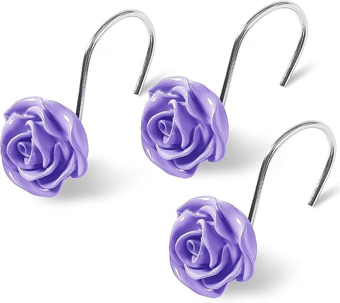 Litabel Rose Flower Shower Curtain Hooks 12PCS,Home Decorative Purple Rose Shower Curtain Hooks Metal Rustproof Cute Rose Flower Shower Hooks Rings Bathroom Shower Rods Decoration Accessories - ModernBath