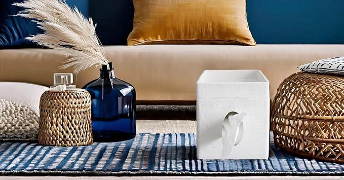 Hymmah Tray Tissue Box Cover Holder Unique Cube Design Tissue Dispenser Cover Decor for Vanity Counter Tops Also Great for Bedroom and Living Room White - ModernBath