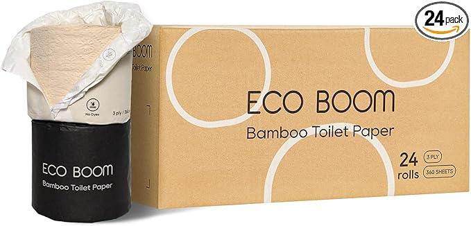 ECO BOOM Unbleached Bamboo Toilet Paper, 100% Tree-Free & Plastic-Free Packaging, 24 Mega Rolls, 360 Sheets & 3-Ply | PFAS Free, BPA Free, Septic Safe & FSC Certified - ModernBath