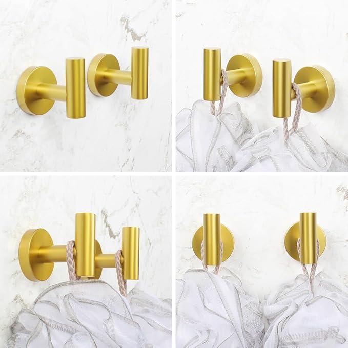 Gold 5-Pieces Bathroom Hardware Set Wall Mounted - Includes 24" Double Towel Bar, 12" Hand Towel Bar, Toilet Paper Holder, 2X Robe Towel Hooks - ModernBath