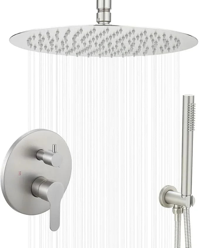 JingGang Brushed Nickel Ceiling Mount Round Rain Shower System with 16 Inch Shower Head and Handheld Bathroom Shower Set Contain Shower Faucet Trim Kit (Mixer Valve Included) - ModernBath