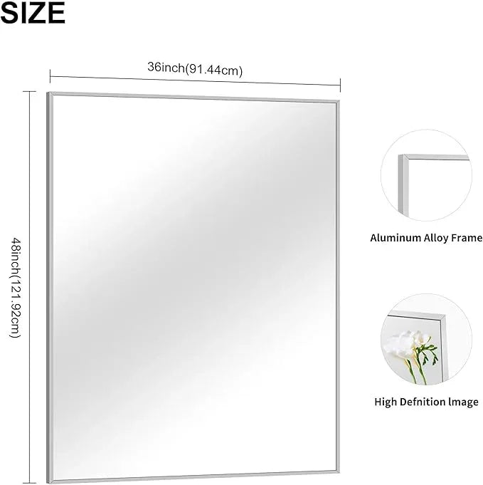 COFENY Silver Bathroom Mirror, 48"X36" Rectangle Mirrors for Wall Metal Frame, Bathroom Rectangular Mirror Modern Wall Mirror for Bedroom Living Room, Hangs Horizontal or Vertical - ModernBath