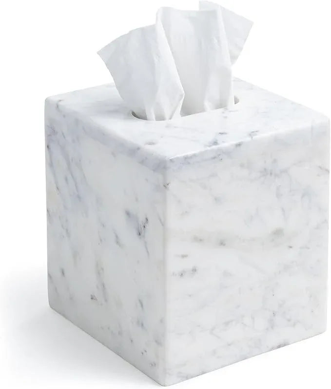 Cork & Mill Marble Tissue Box Cover for Kleenex and More, Decorative Cube Style Holder, Large Square Facial Tissue Dispenser Container for Home, Real Solid White Marble Bathroom Accessory - ModernBath