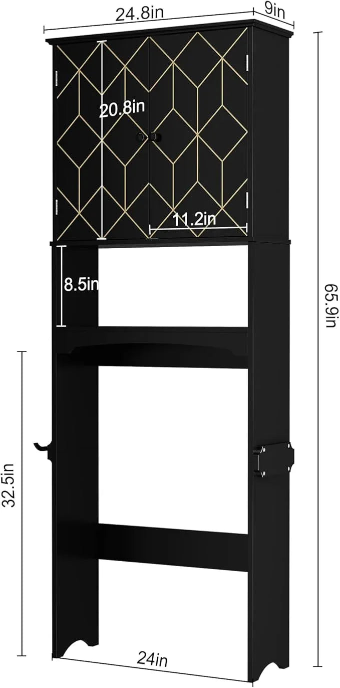 Over The Toilet Storage Cabinet with Gold Trim, Modern Bathroom Organizer Over Toilet with Adjustable Shelves and Toilet Paper Holder for Bathroom (Black) - ModernBath