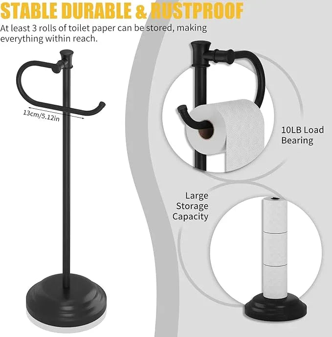 BESy Toilet Paper Holder Free Standing Bathroom Toilet Tissue Holder Stand for Floor Toilet Paper Roll Holder with Storage Hardware Accessories Rack Hand Towel Bar Matte Black Stainless Steel - ModernBath