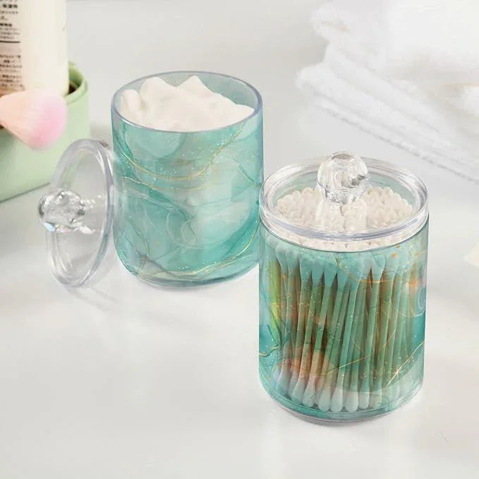 BOENLE 2 Pack Qtip Holder Dispenser Turquoise Marble Bathroom Storage Canister Lid Acrylic Plastic Apothecary Jar Set Vanity Makeup Organizer for Cotton Swabs/Pads/Floss - ModernBath