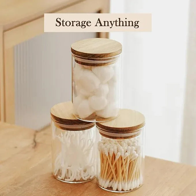 Labina Qtip Holder Glass Bathroom Organizer Storage Canisters with Wooden Lid, 10oz Jar for Cotton Balls Swabs Dispenser and Bathroom Essentials - ModernBath