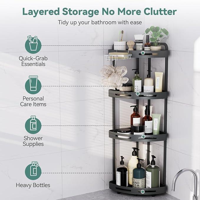Corner Shower Caddy Stand, 4 Tier Standing Shower Organizer with Soap Holder, Rustproof Shower Shelves for Bathroom Shampoo Storage, Grey - ModernBath