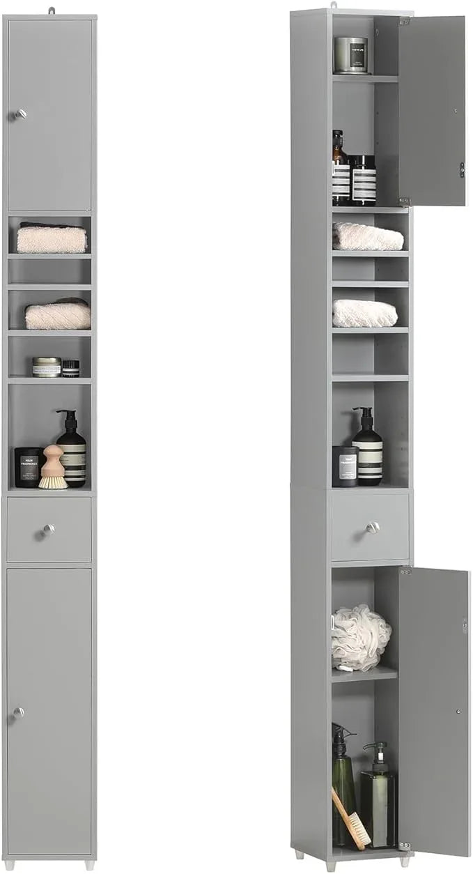 Haotian Bathroom Narrow Storage Cabinet Skinny Tall Unit with Adjustable Shelves Slender Anti-Tipping Floor Standing Cupboard, Gray BZR34-HG - ModernBath