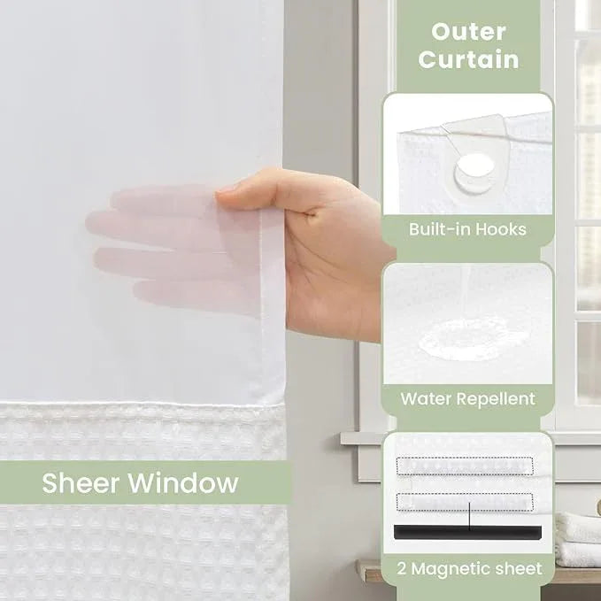 Inhousolu No Hook Shower Curtain with Snap in Fabric Liner Set Waffle Weave 230GSM Weighted Hem, Waterproof & Washable Bathroom Curtain Spa Luxury with Mesh Top Window 72" W x 72" L White - ModernBath