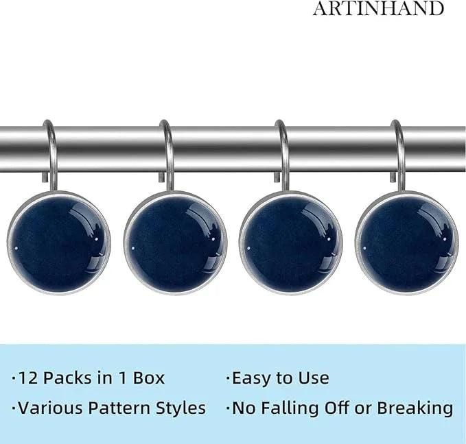 Navy Blue Shower Curtain Hooks Set of 12 Rustproof Metal Decorative Shower Hooks for Curtains Rods Solid Color Shower Curtain Rings for Bathroom Living Room Bedroom - ModernBath