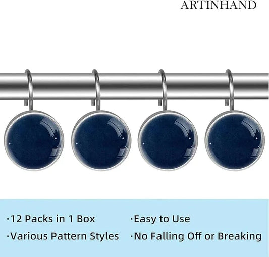 Navy Blue Shower Curtain Hooks Set of 12 Rustproof Metal Decorative Shower Hooks for Curtains Rods Solid Color Shower Curtain Rings for Bathroom Living Room Bedroom - ModernBath