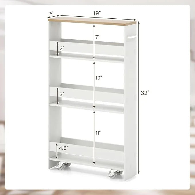 Giantex Slim Storage Cart 4 Tier, Rolling Side Cabinet w/Handle, Space Saving, Kitchen Utility Cart Tower Rack for Laundry Narrow Places (White & Brown) - ModernBath