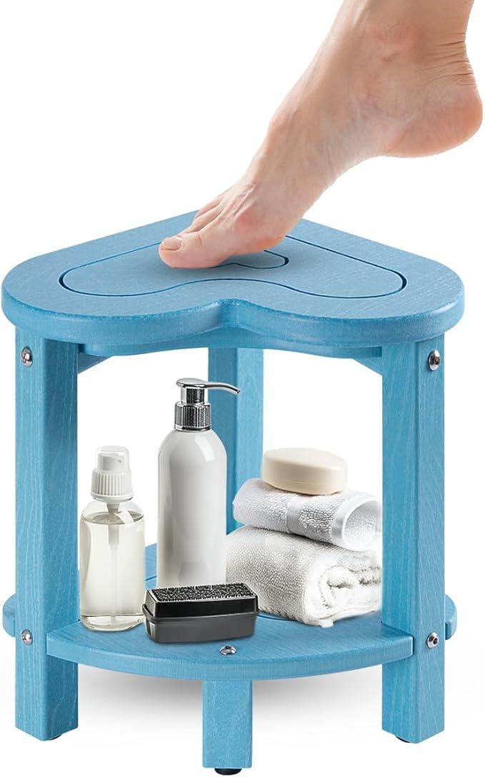 UHA Corner Shower Stool for Shaving Legs， HDPE Waterproof Bathroom Shower Bench, Poly Lumber Corner Seat with Storage Shelf, Adjustable Height Non-Slip Feet, No Maintenance(Pacific Blue) - ModernBath