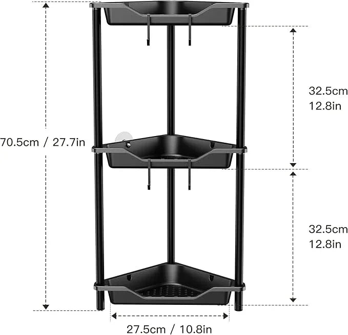 Orimade Rustproof 3 Tier Floor Standing Corner Shower Caddy Organizer, Plastic Metal Splicing Floor Corner Shelf Rack Stands for Bathroom, Black - ModernBath