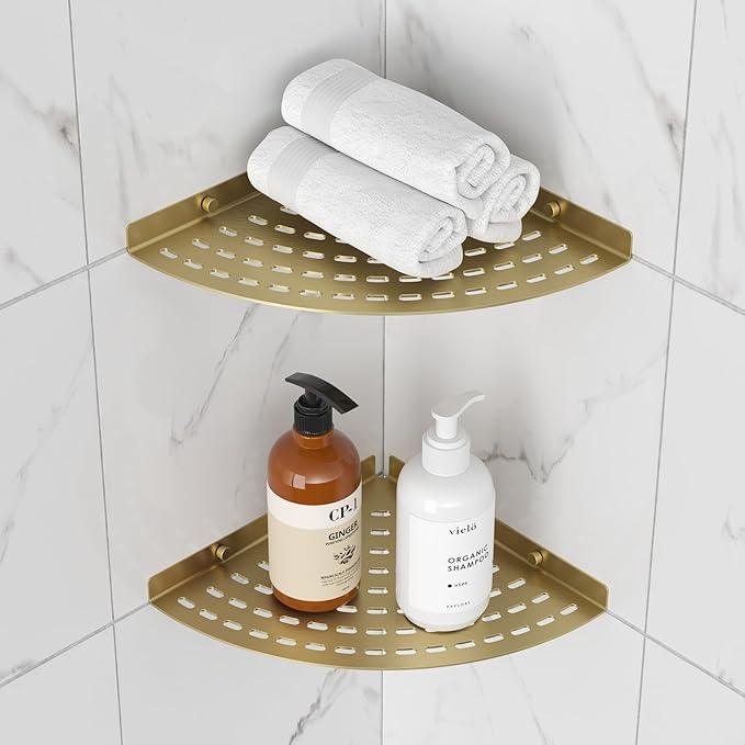 2 Pack Corner Shower Shelves 304 Stainless Steel Shower Corner Shelf Brushed Gold Bathroom 8 in Prevent Rust Drilling Installation - ModernBath