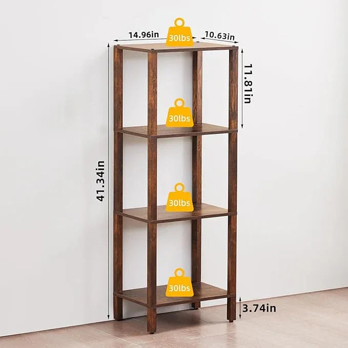 4 Tier Tall Wooden Bookshelf with Storage - Small Bookcase for Small Spaces, Shelf for Living Room, Office, Bedroom, Kitchen - Industrial Retro Brown Book Shelf - ModernBath