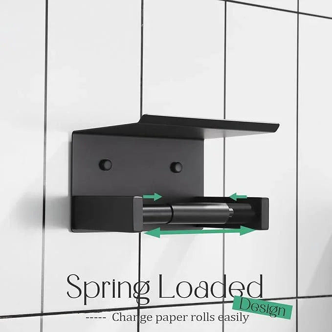 KOKOSIRI Roll Paper Holder Spring Loaded Tissue Paper Holder Bathroom Toilet Roll Holder with Shelf Wall Mounted Stainless Steel Matte Black B2012BK - ModernBath