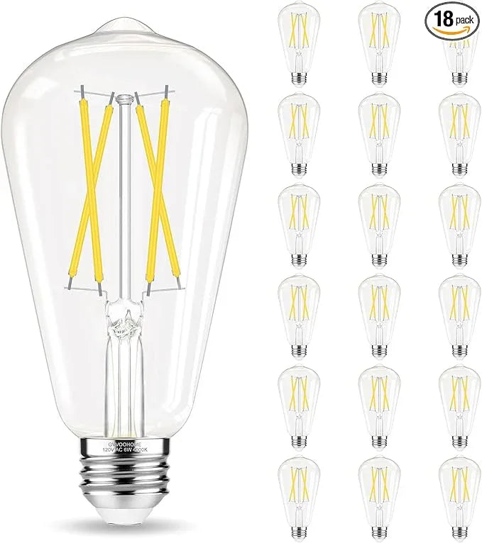 Edison Bulbs 60 watt Equivalent LED, E26 Bulb Non-Dimmable, Cool White 4000K, ST58 Vintage Light Bulbs, 90+ CRI, 6W 600LM, E26 Medium Base, Clear Glass, 18 Pack - ModernBath