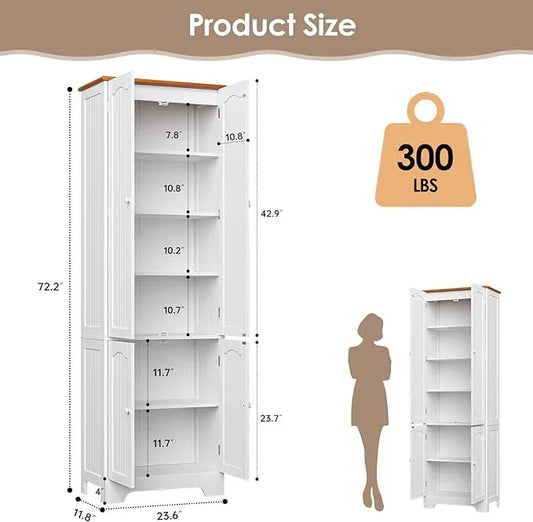 72.2'' Pantry - 4 Door Kitchen Cabinet with Adjustable Shelves, Freestanding Cupboard, Tall Storage Cabinets for Dining Room, Living Room, Laundry, Bathroom, Entryway, White 2Pcs - ModernBath