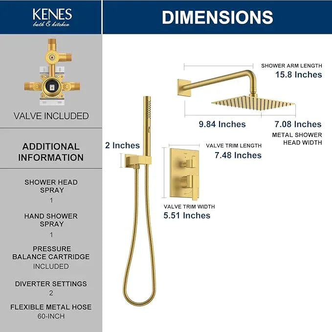 KENES Brushed Gold Rainfall Bathroom Shower System Rain Shower Head and Handle Set, Shower Faucet Set with 10-Inch Rain Showerhead and Handheld Spray, (Shower Valve Included), LJ-6026A-4 - ModernBath