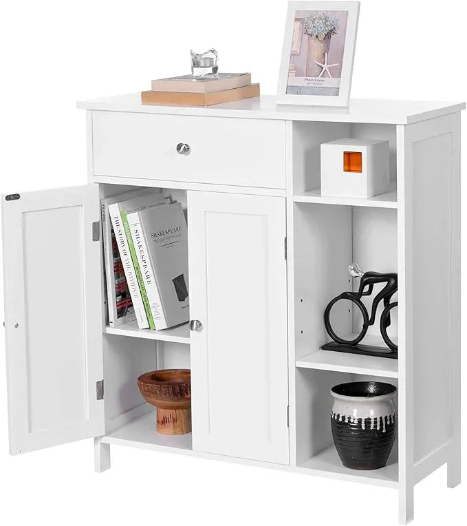 VASAGLE Floor Storage Cabinet with Drawer, Freestanding Cabinet with Doors, 3 Open Compartments, Adjustable Shelves, 11.8 x 29.5 x 31.5 Inches, for Bathroom, Living Room, Cloud White UBBC142W01 - ModernBath