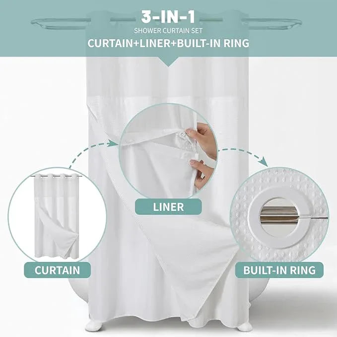 eachope White No Hook Waffle Weave Shower Curtain with snap-in Liner Replacement, 230GSM Waterproof Fabric Hotel Shower Curtain Set for Bathroom, Through Mesh Top Window,54Wx74H - ModernBath