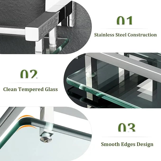 Alise Bathroom Glass Shelf with Stainless Steel Railing, Polished Chrome Small Tempered Glass Floating Wall Shelf Over The Toilet, 16 inch - ModernBath