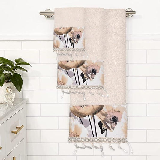 Zahari Home Poppy Fields Modern Bathroom Towel Set - 3 Piece Contemporary Decor Ensemble in Beige - ModernBath