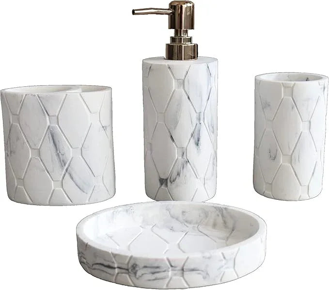 Hymmah Bathroom Accessories Set,Marble Design Toothbrush Holder,Farmhouse Bathroom Decor,4 Pcs Resin Gift Set Apartment Necessities, Contain Toothbrush Cup,Soap Dispenser,Soap Dish,Tumbler - ModernBath
