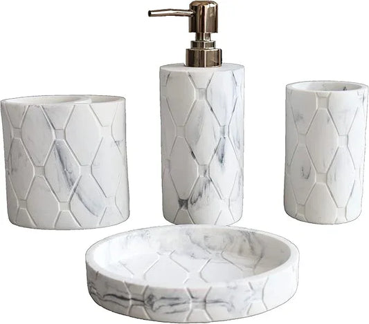 Hymmah Bathroom Accessories Set,Marble Design Toothbrush Holder,Farmhouse Bathroom Decor,4 Pcs Resin Gift Set Apartment Necessities, Contain Toothbrush Cup,Soap Dispenser,Soap Dish,Tumbler - ModernBath