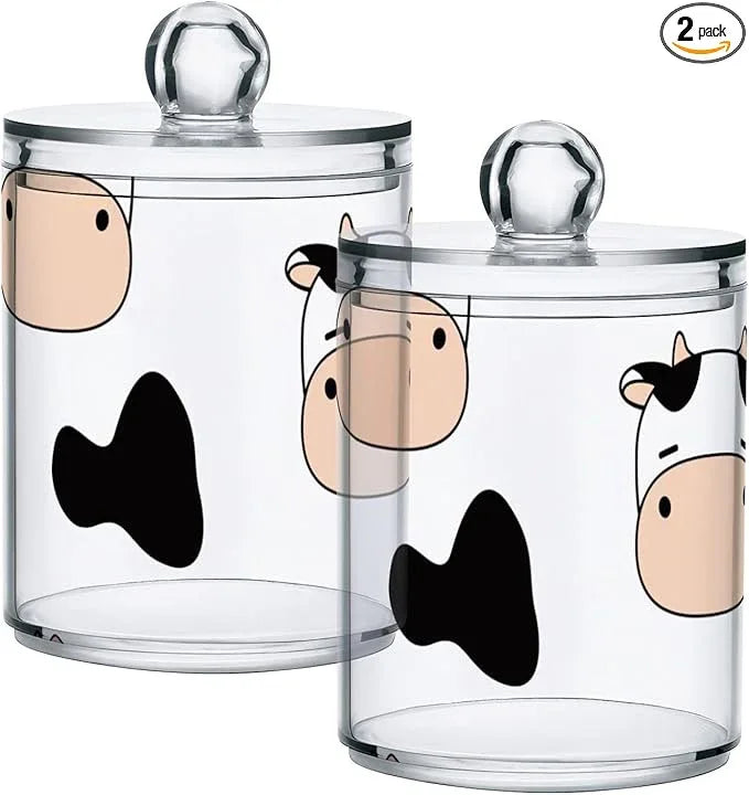 Tatenale Qtip Holder Bathroom Set Q tip Cotton Ball Swab Pad Dispenser Container Organizer Plastic Jars with Lids Storage 2Pack Cute Cow and Milk - ModernBath