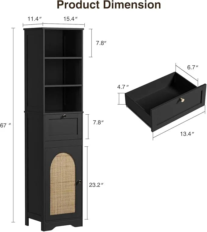 67"H Bathroom Storage Cabinet with Rattan Doors and Slide Storage, Tall Narrow Standing Tower Cabinet with Adjustable Shelves, Small Bathroom Floor Organizer for Entryway, Kitchen, Black - ModernBath