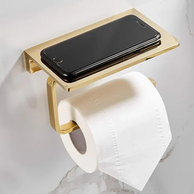 Toilet Roll Paper Holder Bathroom Solid Brass and Superior Hotel Style Wall Mount Tissue Roll Holder with Phone Shelf Bright Gold Finished - ModernBath