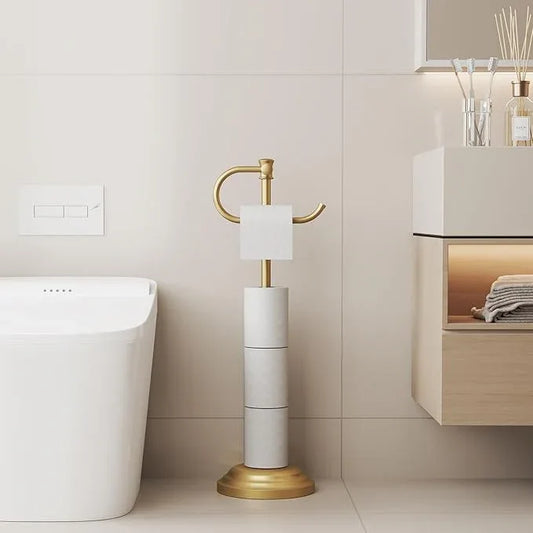 BESy Toilet Paper Holder Free Standing Bathroom Toilet Tissue Holder Stand for Floor Toilet Paper Roll Holder with Storage Hardware Accessories Rack Hand Towel Bar Brushed Gold Stainless Steel - ModernBath