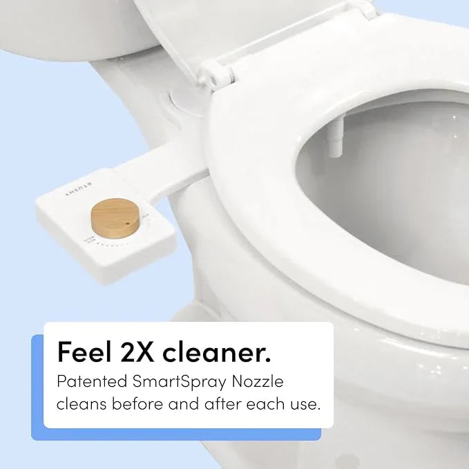 TUSHY Fresh Cool Water Bidet: Ultra Slim Toilet Seat Attachment (Non-Electric Self-Cleaning Hygienic Nozzle) Easy DIY Install <10 Min (Adjustable Water Pressure Control), Matte Brass Knob - ModernBath