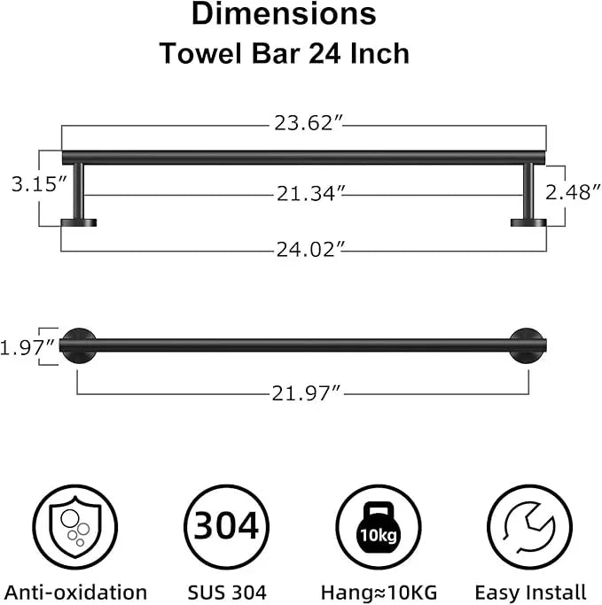 Bathroom Towel Bar, 24 Inch Towel Racks for Bathroom Wall Mounted, Heavy Duty Bathroom Towel Holder Organizer, Stainless Steel Home Towel Rod, Matte Black - ModernBath