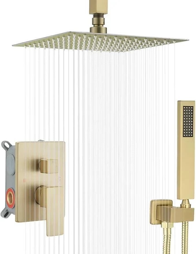 JingGang 10 Inch Ceiling Mounted Shower System Rain Mixer Shower Combo Set Rainfall Shower Head System ‎Brushed Gold Shower Faucet Rough-in Valve Body and Trim Kit Included - ModernBath